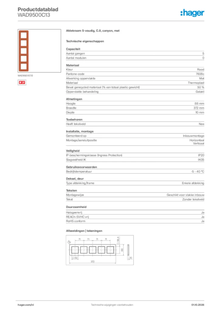 Afbeelding Hager Productdatablad WAD9500C13 | Hager Nederland