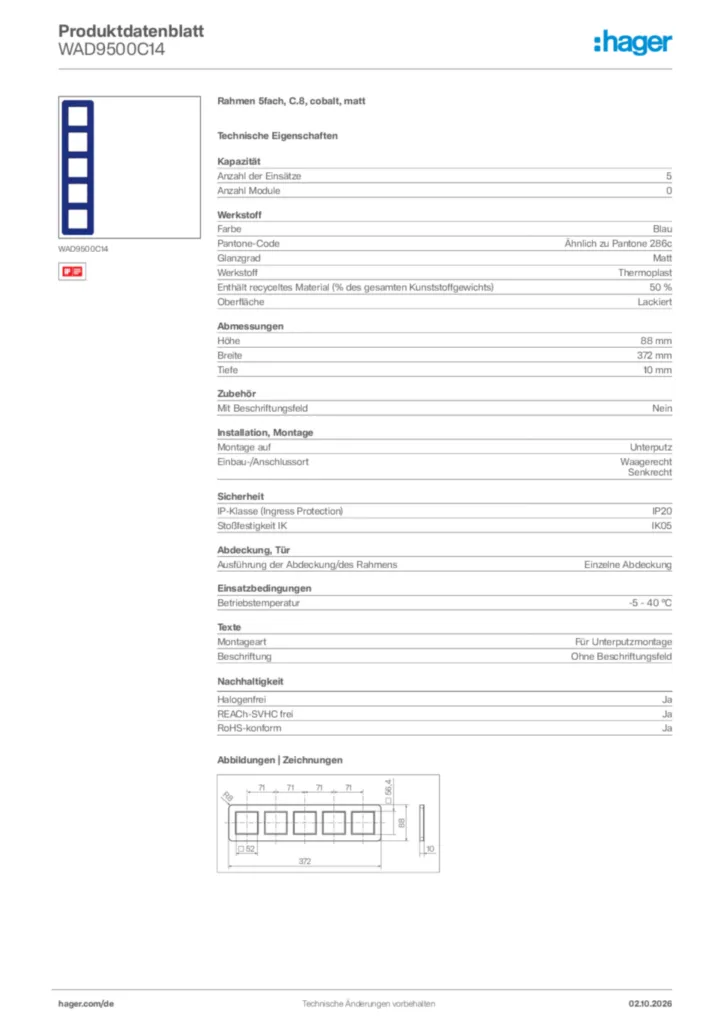 Bild Hager Produktdatenblatt WAD9500C14 | Hager Deutschland