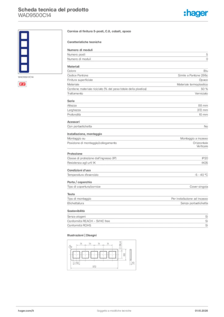 Immagine Hager Scheda tecnica del prodotto WAD9500C14 | Hager Italia
