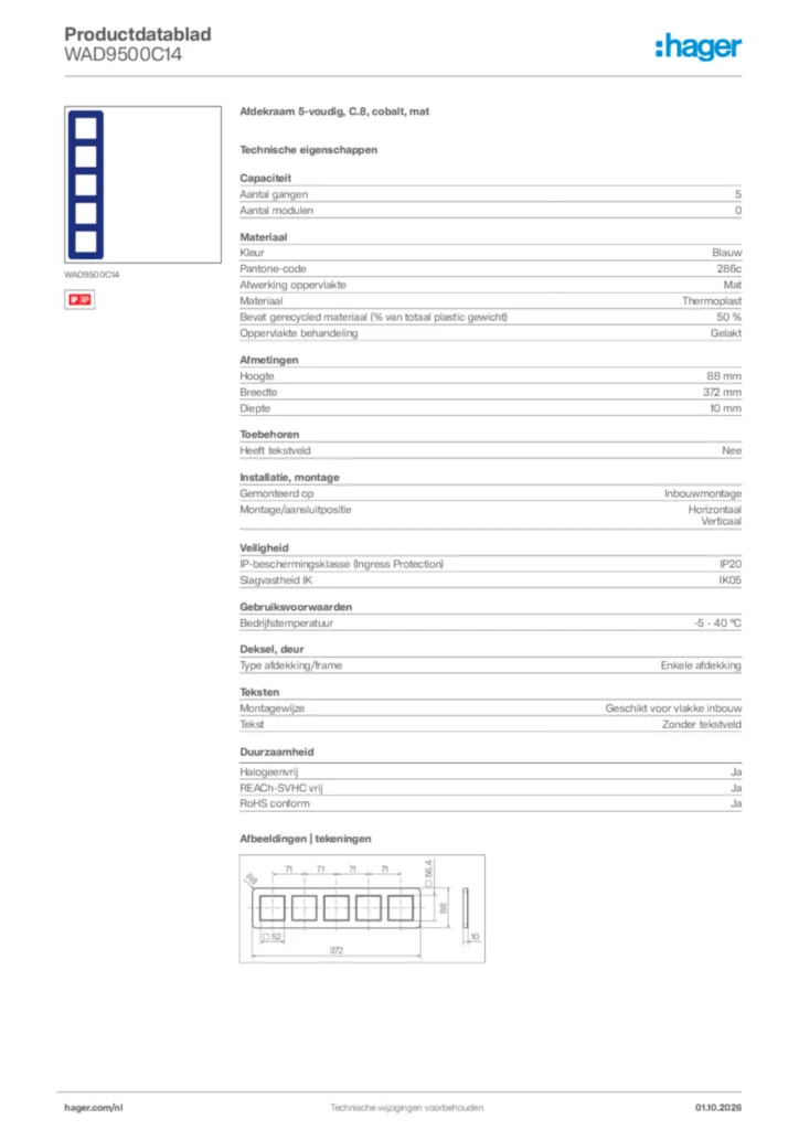 Afbeelding Hager Productdatablad WAD9500C14 | Hager Nederland