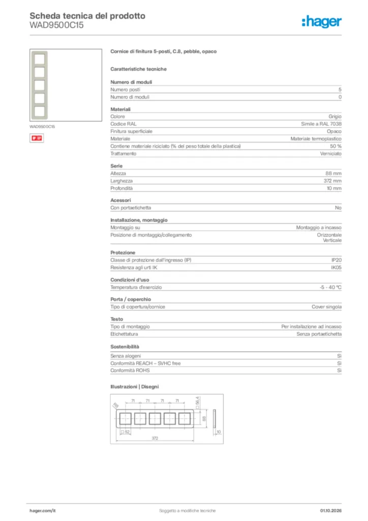 Immagine Hager Scheda tecnica del prodotto WAD9500C15 | Hager Italia