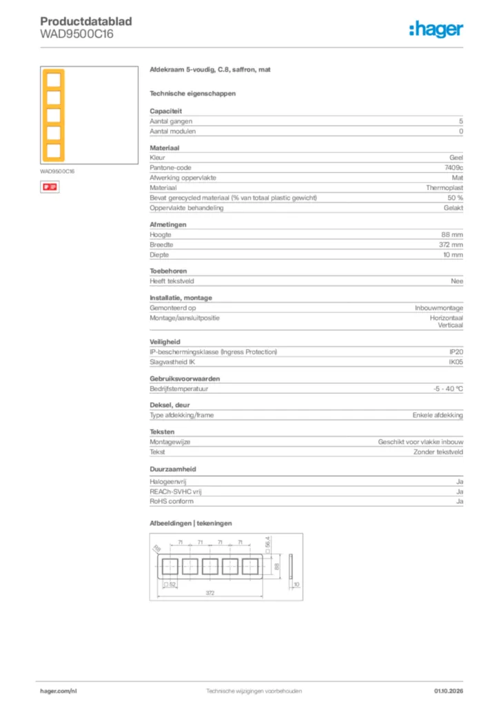 Afbeelding Hager Productdatablad WAD9500C16 | Hager Nederland