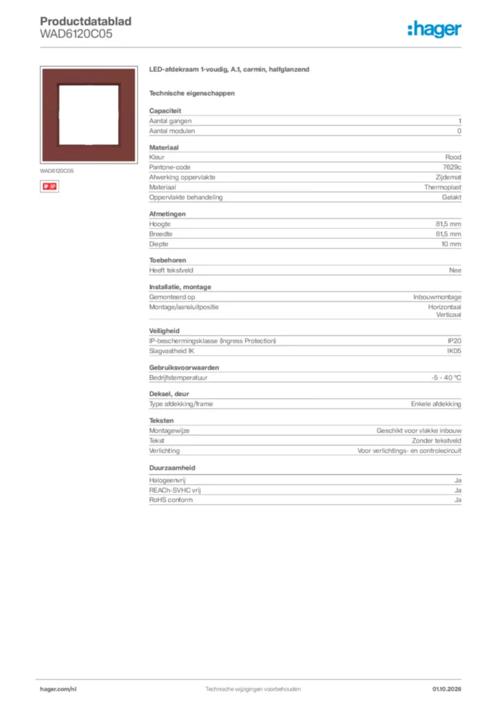 Afbeelding Hager Productdatablad WAD6120C05 | Hager Nederland