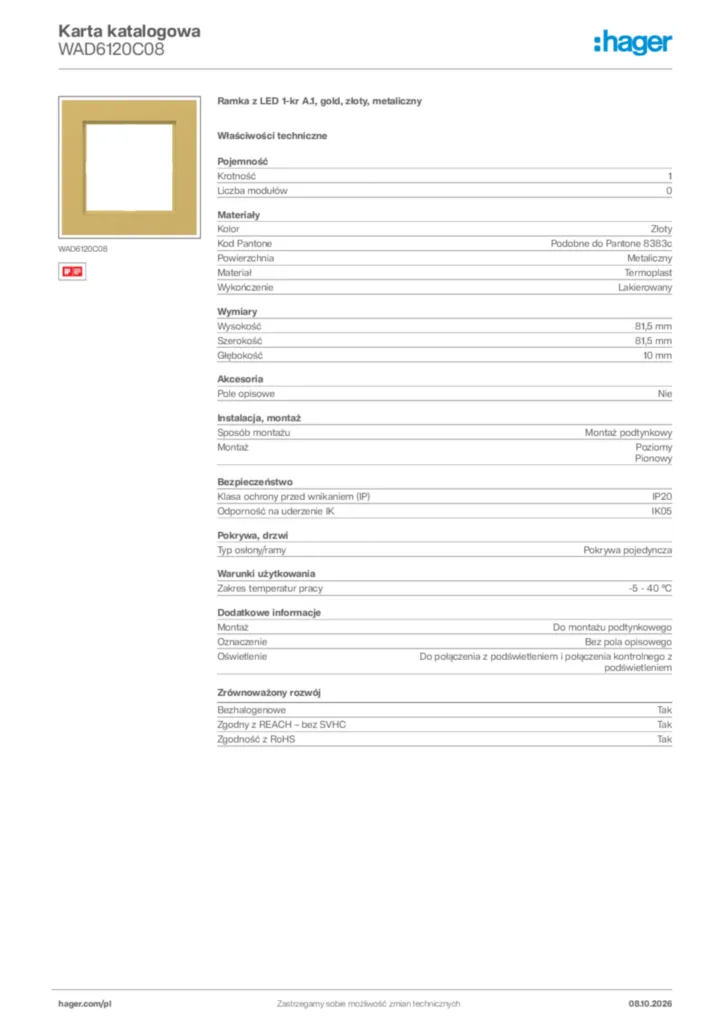 Zdjęcie Hager Karta katalogowa WAD6120C08 | Hager Polska