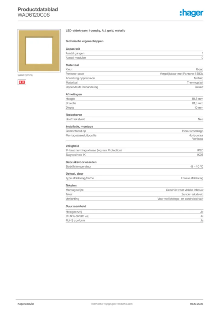 Afbeelding Hager Productdatablad WAD6120C08 | Hager Nederland