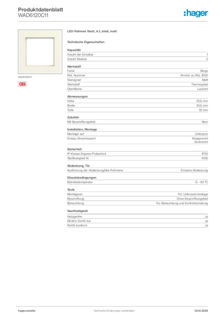 Bild Hager Produktdatenblatt WAD6120C11 | Hager Deutschland