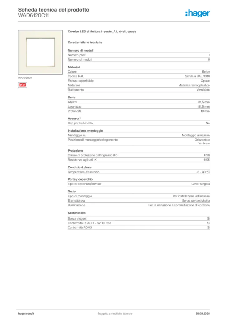 Immagine Hager Scheda tecnica del prodotto WAD6120C11 | Hager Italia