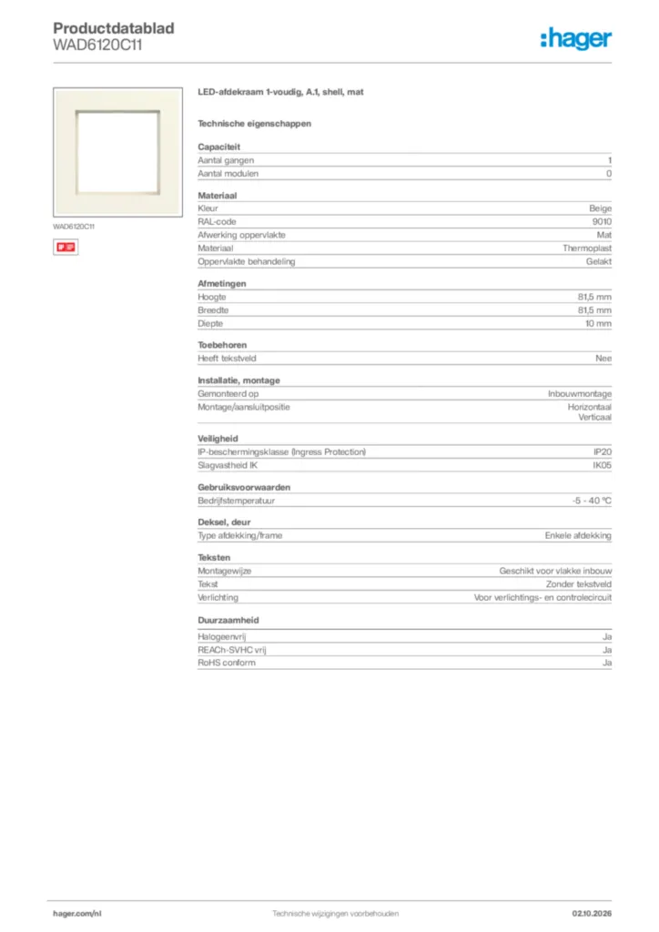 Afbeelding Hager Productdatablad WAD6120C11 | Hager Nederland