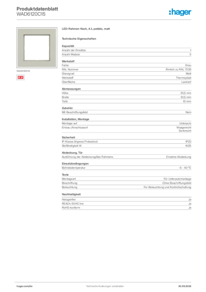 Bild Hager Produktdatenblatt WAD6120C15 | Hager Deutschland