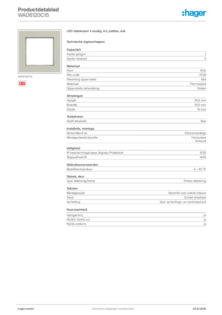 Afbeelding Hager Productdatablad WAD6120C15 | Hager Nederland