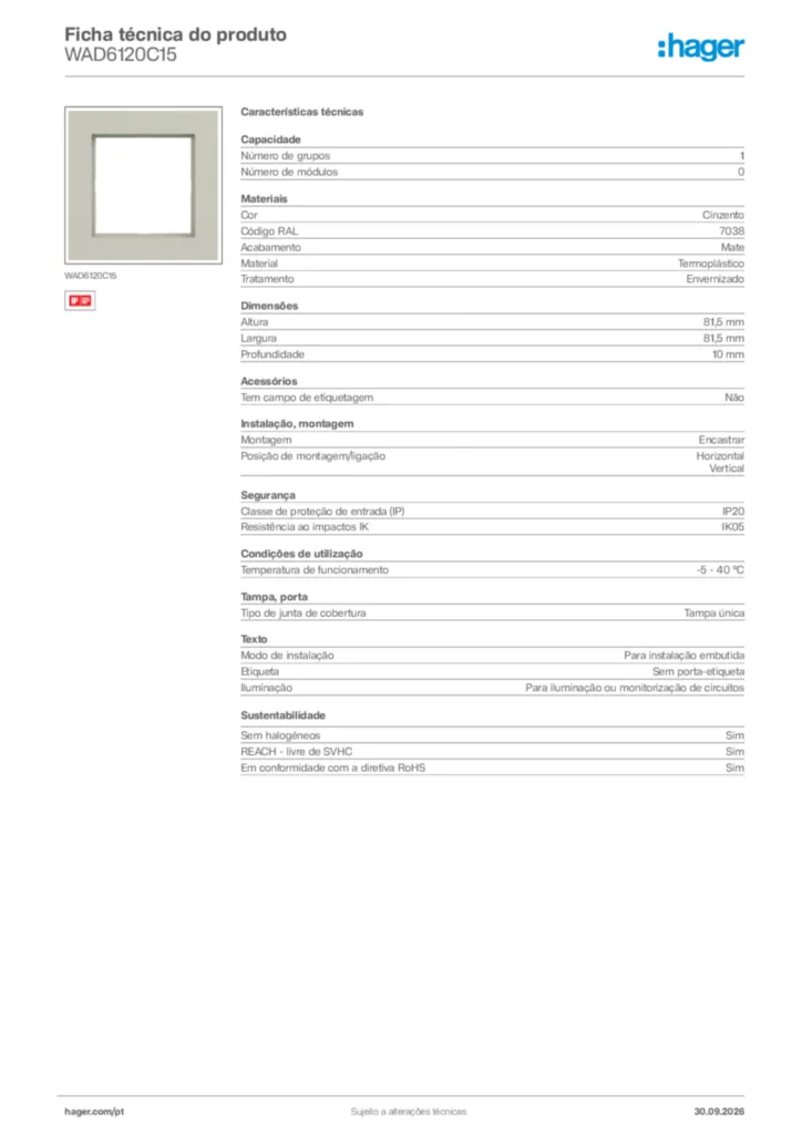 Imagem Hager Ficha técnica do produto WAD6120C15 | Hager Portugal