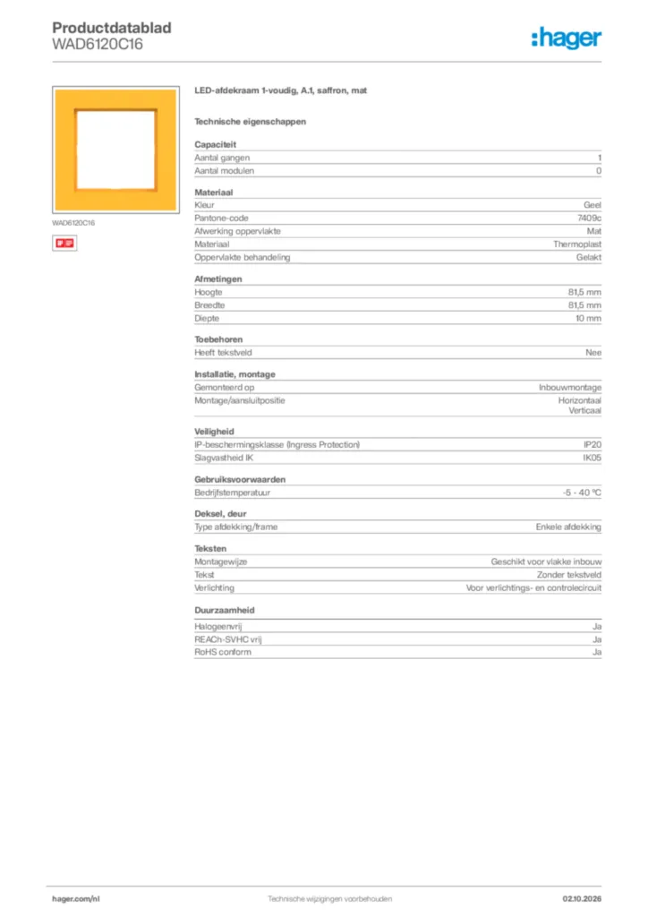 Afbeelding Hager Productdatablad WAD6120C16 | Hager Nederland