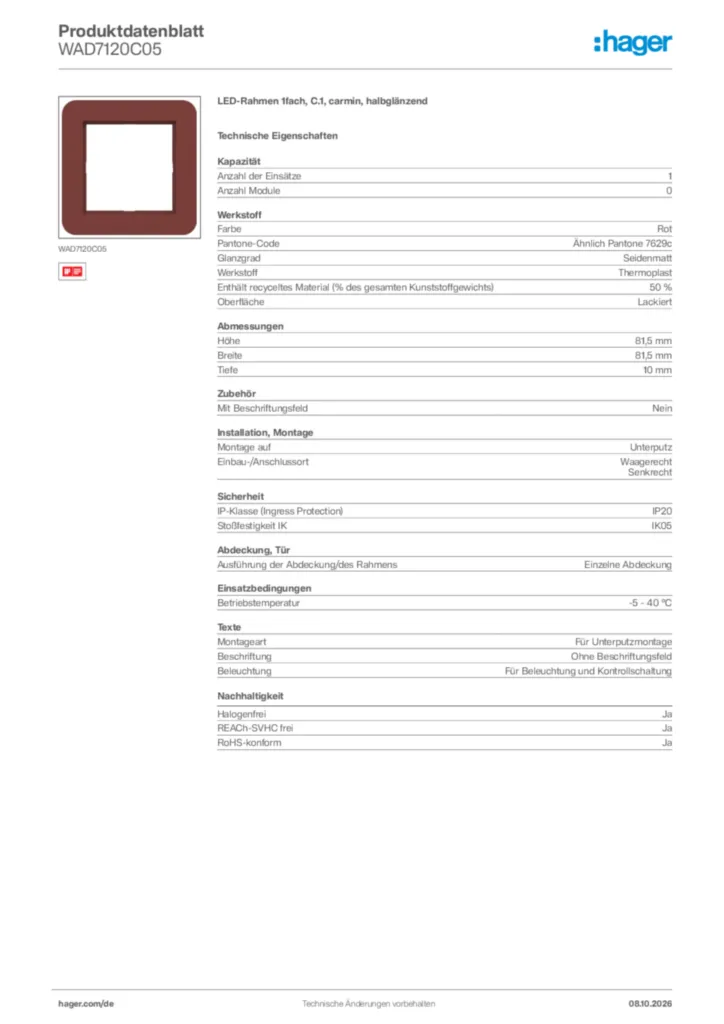 Bild Hager Produktdatenblatt WAD7120C05 | Hager Deutschland