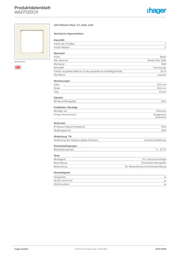 Bild Hager Produktdatenblatt WAD7120C11 | Hager Deutschland