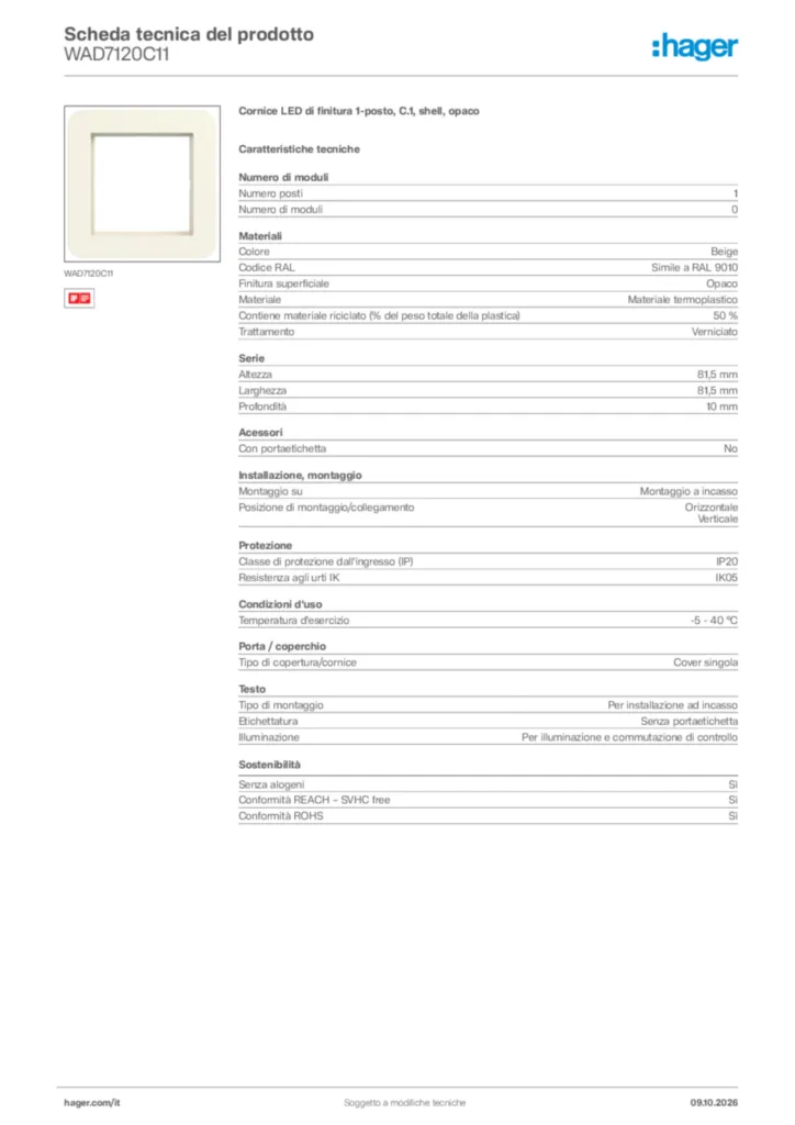 Immagine Hager Scheda tecnica del prodotto WAD7120C11 | Hager Italia