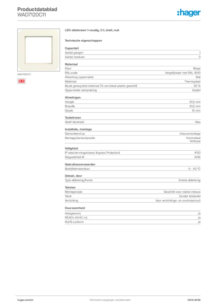 Afbeelding Hager Productdatablad WAD7120C11 | Hager Nederland