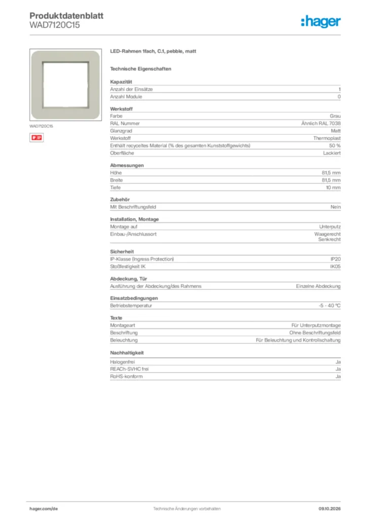 Bild Hager Produktdatenblatt WAD7120C15 | Hager Deutschland