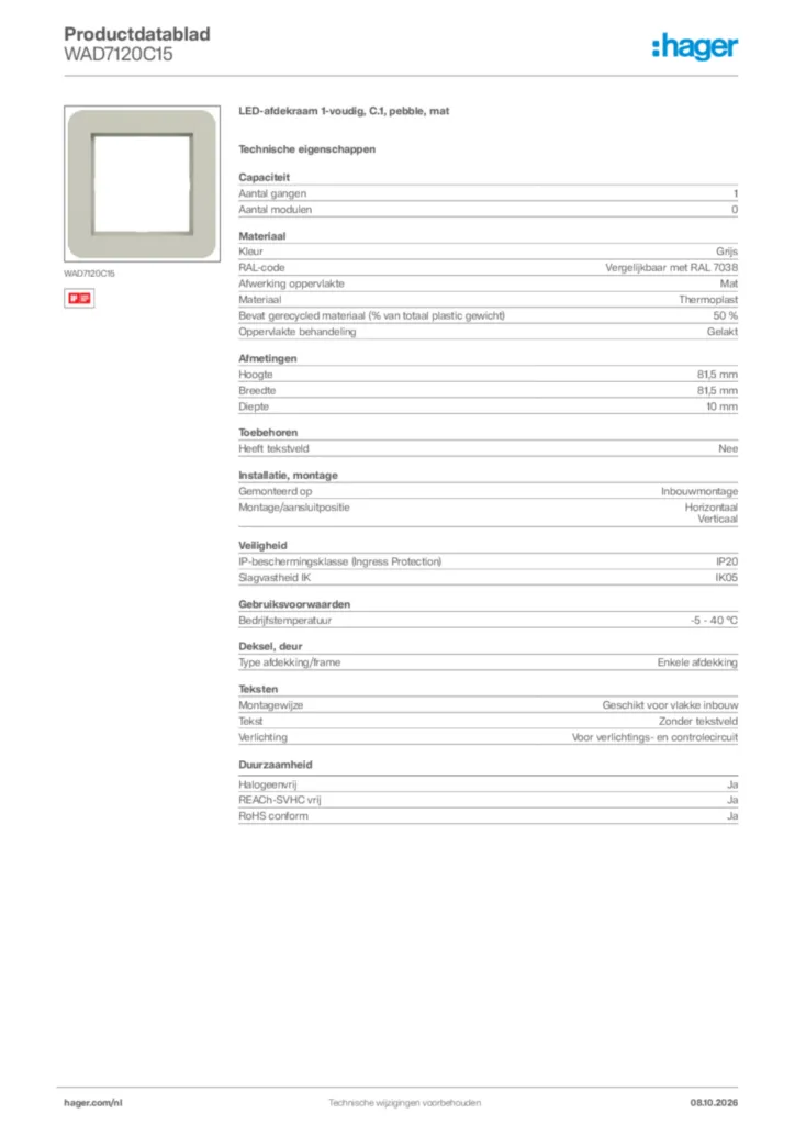 Afbeelding Hager Productdatablad WAD7120C15 | Hager Nederland