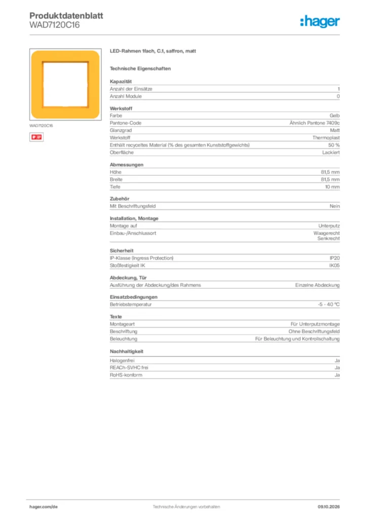 Bild Hager Produktdatenblatt WAD7120C16 | Hager Deutschland