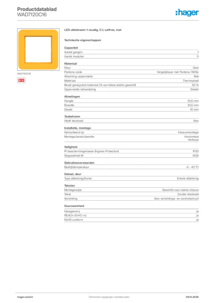 Afbeelding Hager Productdatablad WAD7120C16 | Hager Nederland