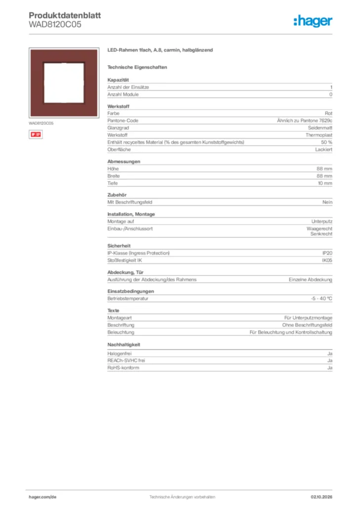 Bild Hager Produktdatenblatt WAD8120C05 | Hager Deutschland