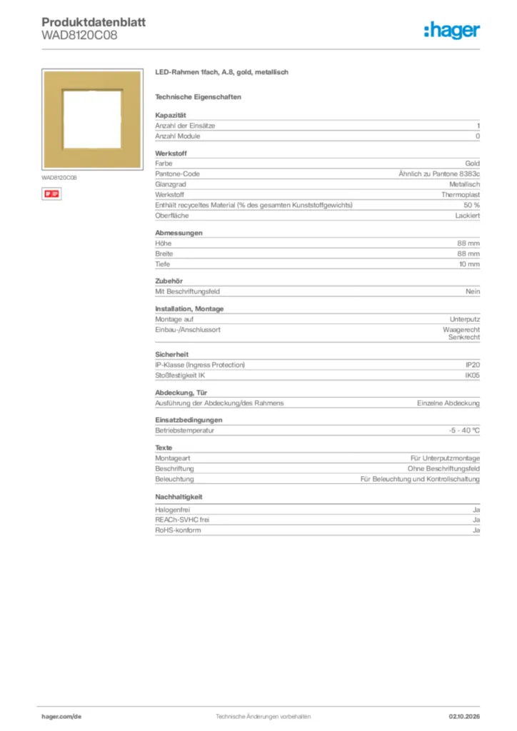Bild Hager Produktdatenblatt WAD8120C08 | Hager Deutschland