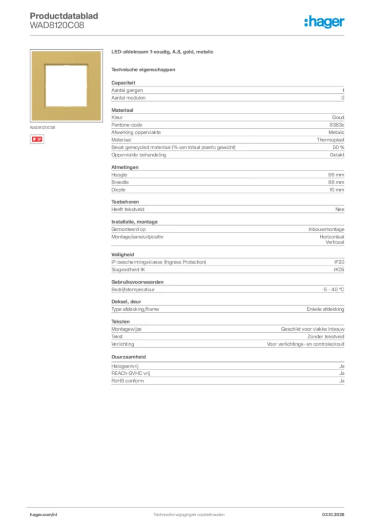 Afbeelding Hager Productdatablad WAD8120C08 | Hager Nederland