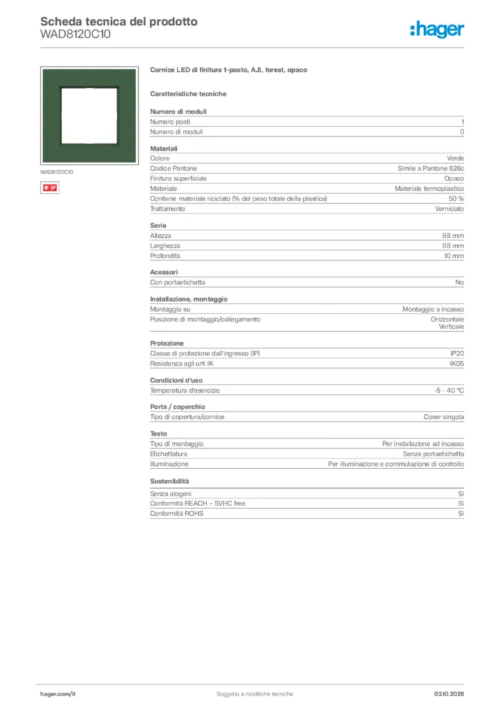 Immagine Hager Scheda tecnica del prodotto WAD8120C10 | Hager Italia