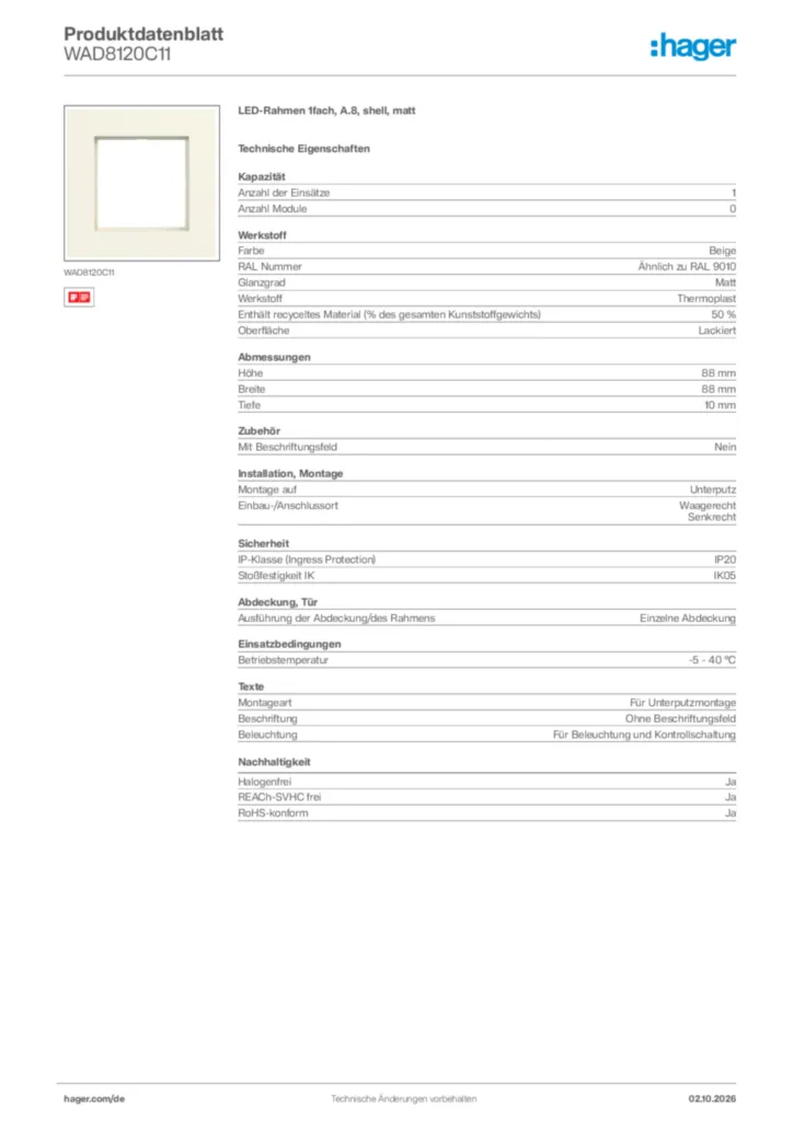 Bild Hager Produktdatenblatt WAD8120C11 | Hager Deutschland