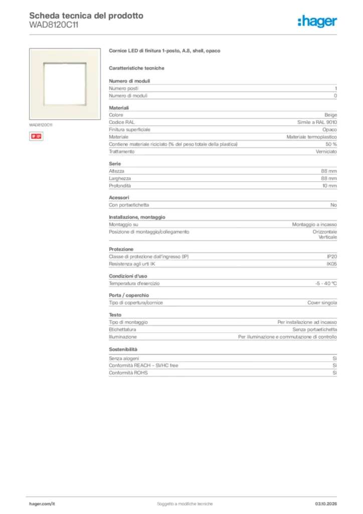 Immagine Hager Scheda tecnica del prodotto WAD8120C11 | Hager Italia
