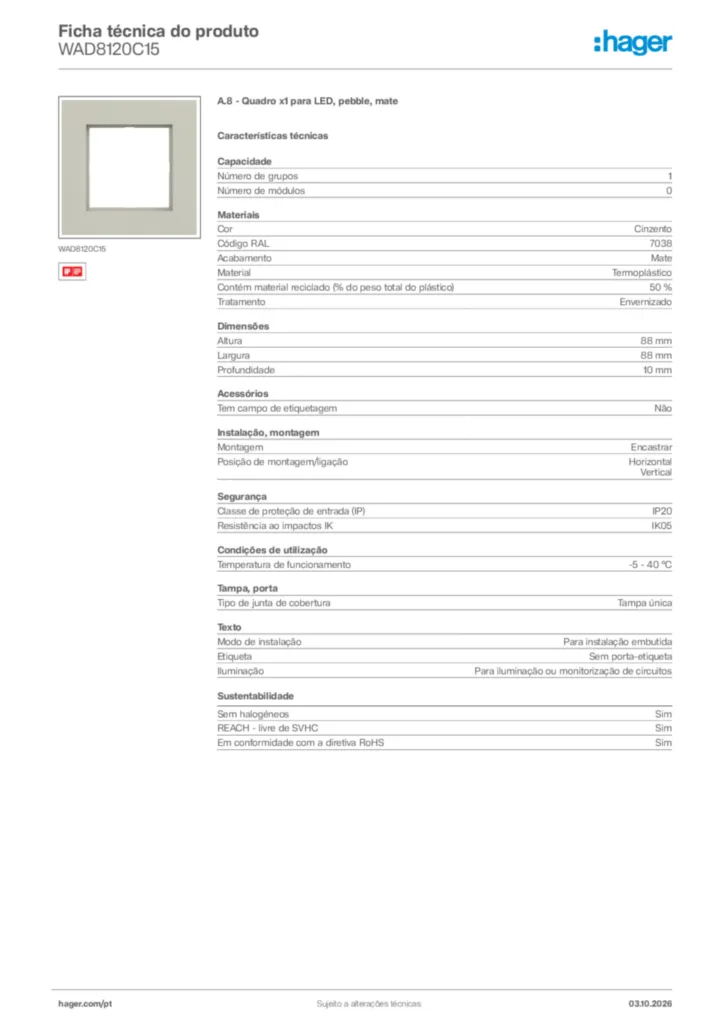 Imagem Hager Ficha técnica do produto WAD8120C15 | Hager Portugal