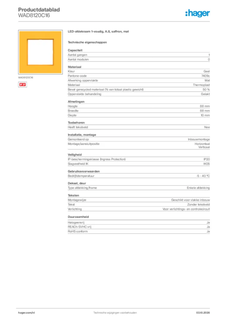 Afbeelding Hager Productdatablad WAD8120C16 | Hager Nederland