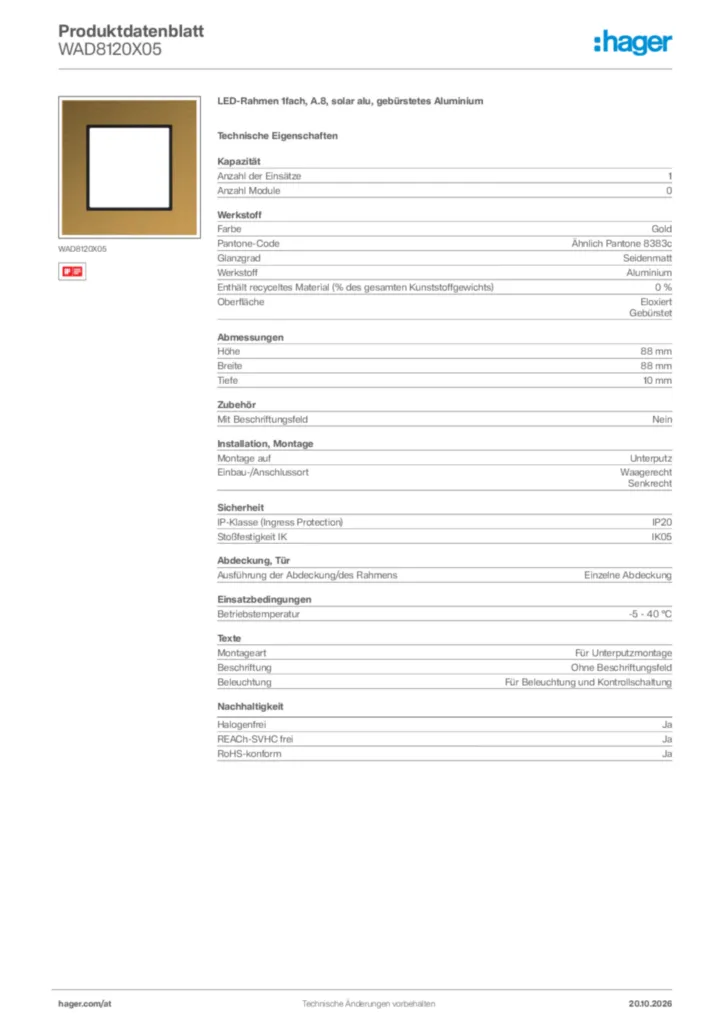 Bild Hager Produktdatenblatt WAD8120X05 | Hager Deutschland