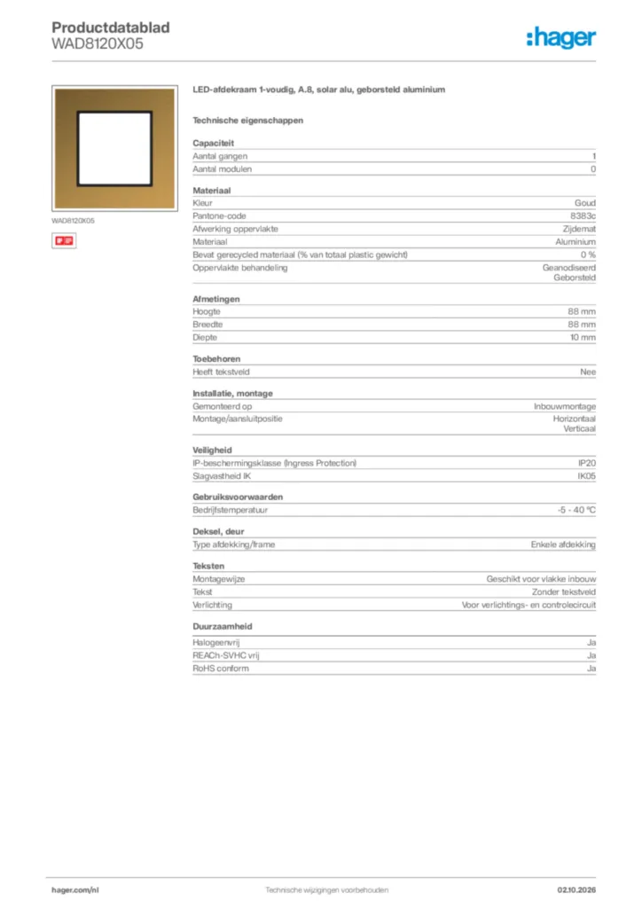 Afbeelding Hager Productdatablad WAD8120X05 | Hager Nederland