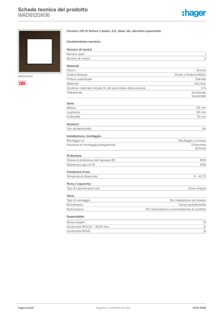 Immagine Hager Scheda tecnica del prodotto WAD8120X06 | Hager Italia