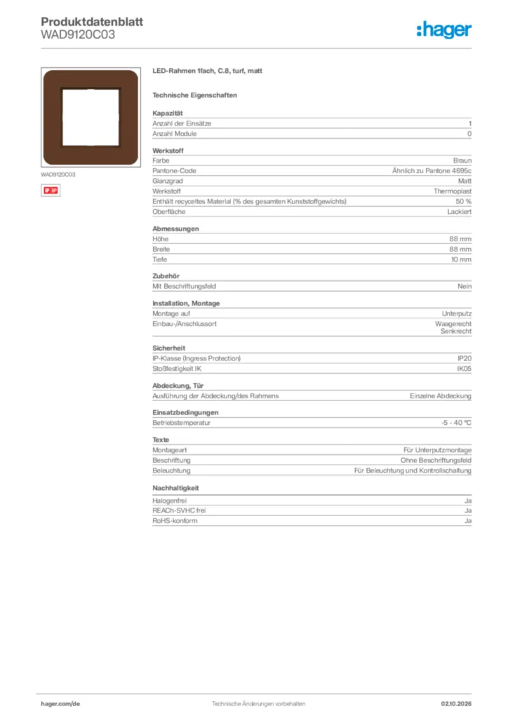 Bild Hager Produktdatenblatt WAD9120C03 | Hager Deutschland