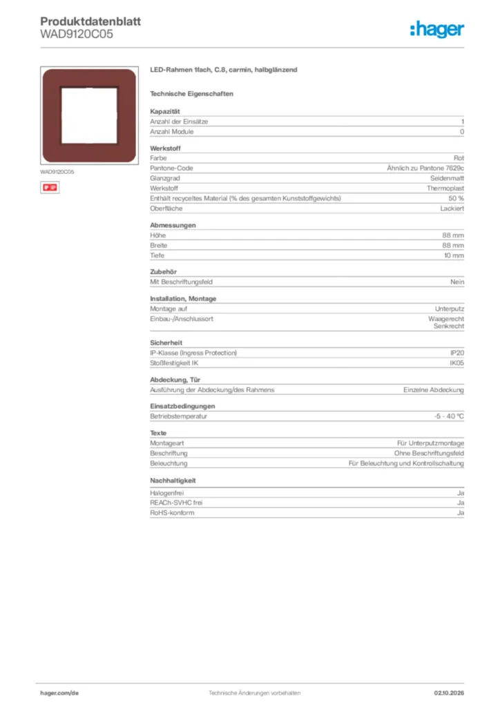 Bild Hager Produktdatenblatt WAD9120C05 | Hager Deutschland