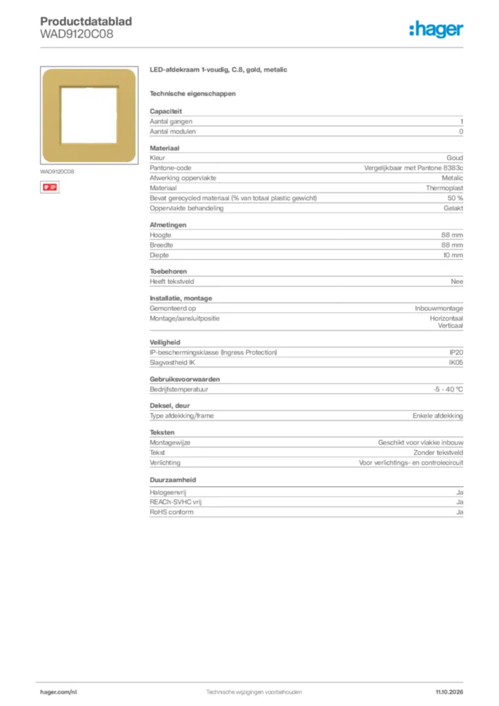 Afbeelding Hager Productdatablad WAD9120C08 | Hager Nederland