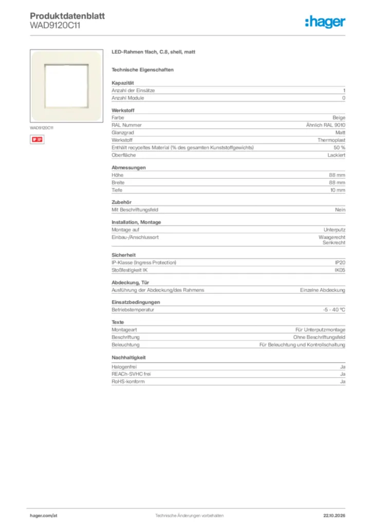 Bild Hager Produktdatenblatt WAD9120C11 | Hager Deutschland