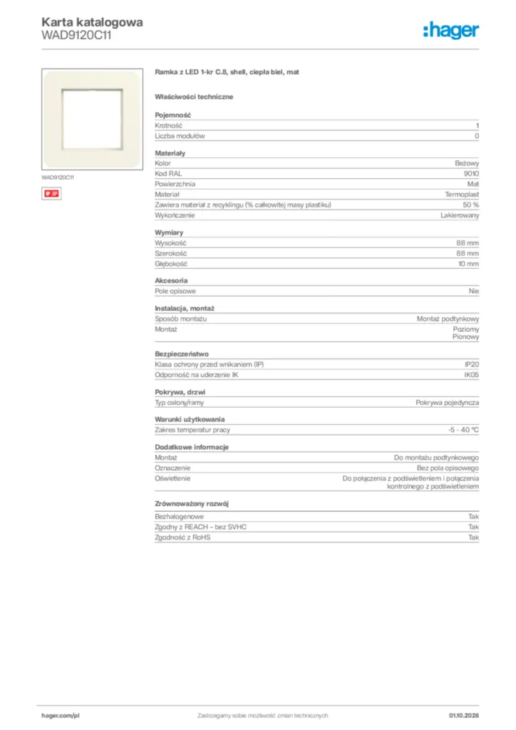Zdjęcie Hager Karta katalogowa WAD9120C11 | Hager Polska