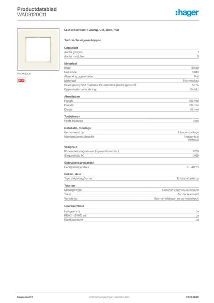 Afbeelding Hager Productdatablad WAD9120C11 | Hager Nederland
