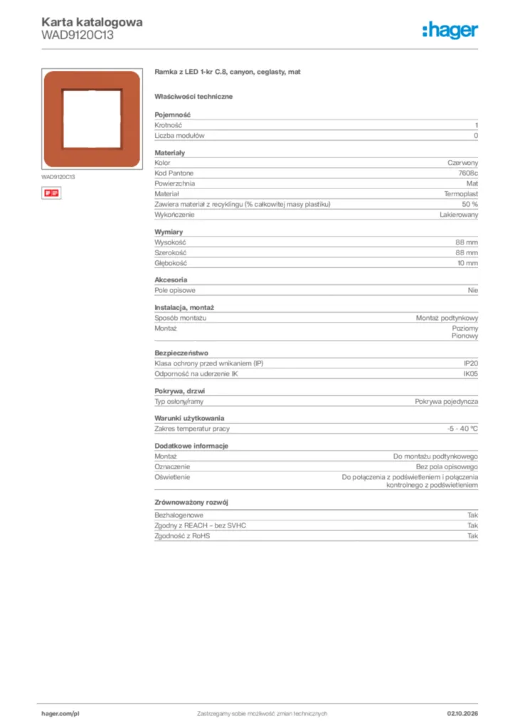 Zdjęcie Hager Karta katalogowa WAD9120C13 | Hager Polska