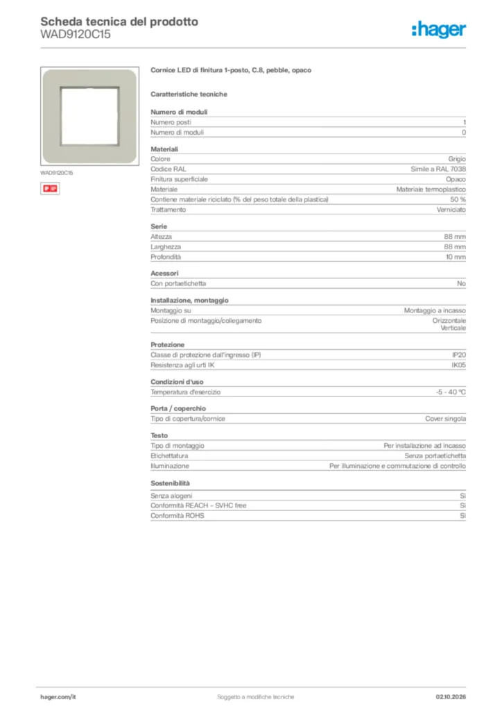 Immagine Hager Scheda tecnica del prodotto WAD9120C15 | Hager Italia