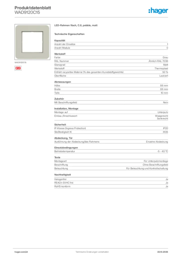 Bild Hager Produktdatenblatt WAD9120C15 | Hager Deutschland