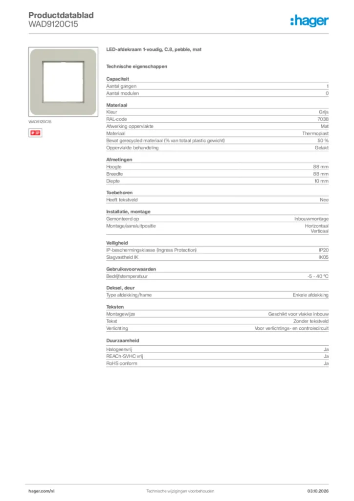 Afbeelding Hager Productdatablad WAD9120C15 | Hager Nederland