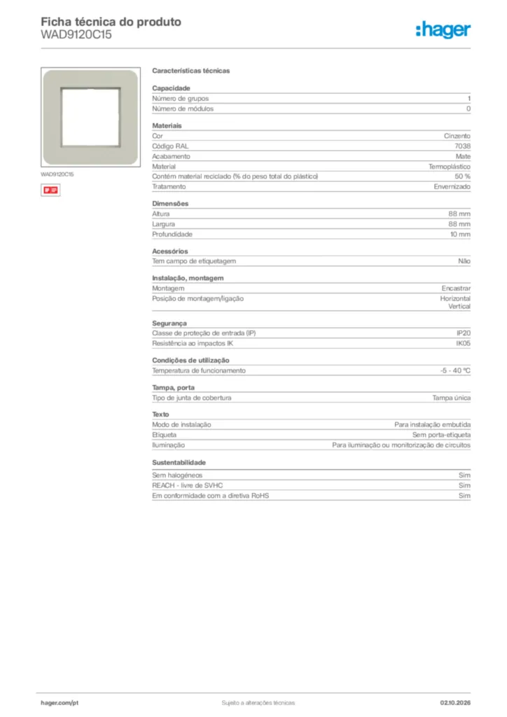 Imagem Hager Ficha técnica do produto WAD9120C15 | Hager Portugal