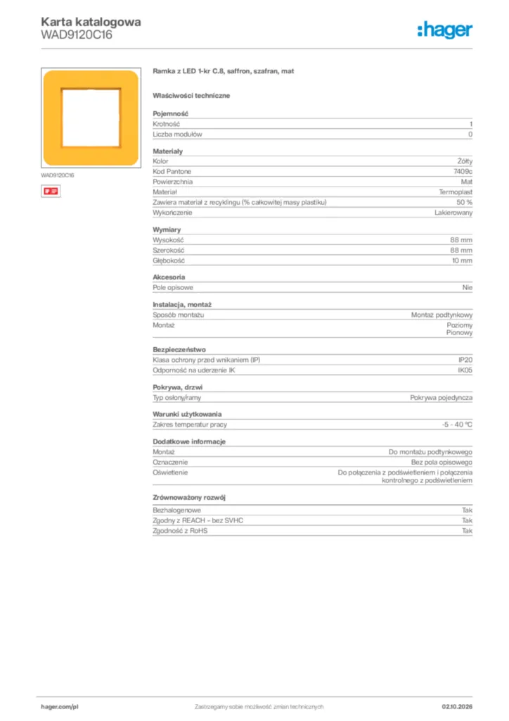 Zdjęcie Hager Karta katalogowa WAD9120C16 | Hager Polska