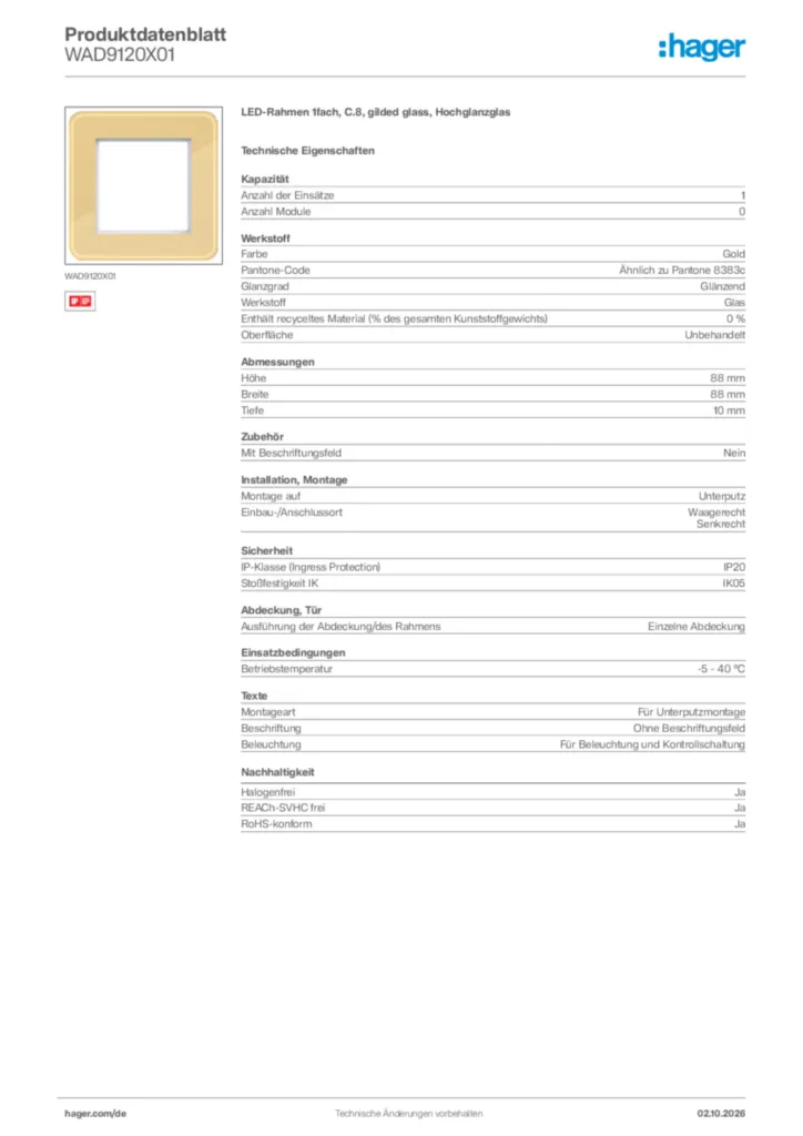 Bild Hager Produktdatenblatt WAD9120X01 | Hager Deutschland
