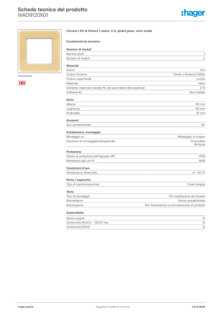 Immagine Hager Scheda tecnica del prodotto WAD9120X01 | Hager Italia
