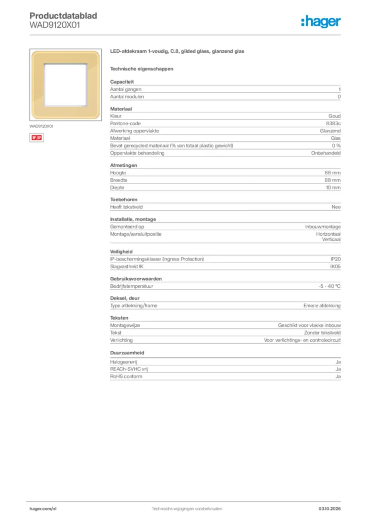 Afbeelding Hager Productdatablad WAD9120X01 | Hager Nederland